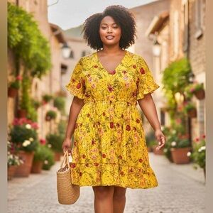 Terra & Sky Yellow Botanical Ruffled Print Dress